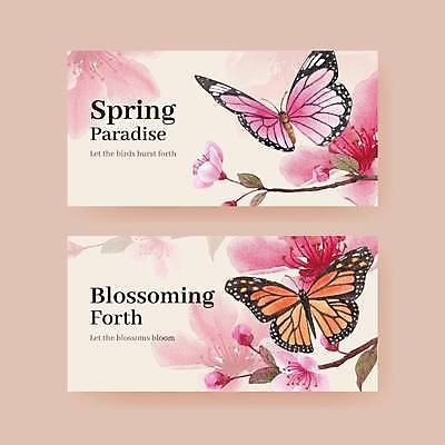 EPS 해외이미지 템플릿 꽃 분홍색 나비 잎 두마리 일러스트 사람없음 세트 봄 벚꽃 나뭇가지 꽃봉오리 소셜네트워크 해외일러스트 나무 식물 계절 컬러 곤충 2 파일형식 벡터 이미지허브