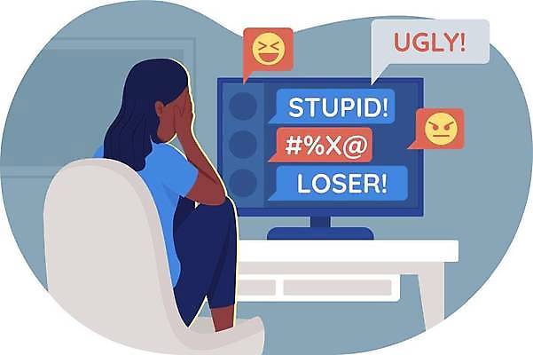 EPS 해외이미지 전신 여자 말풍선 의자 일러스트 한명 앉기 성인 파란색 모니터 슬픔 눈가림 책상 이모티콘 악플 성인여자한명만 사이버불링 해외일러스트 1 감정 컬러 가구 모션 사람 컴퓨터 가림 사회이슈 사이버범죄 왕따 여자한명만 성인여자만 파일형식 벡터 이미지허브