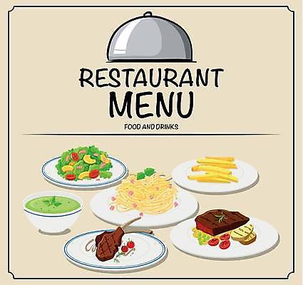 EPS 해외이미지 그릇 접시 일러스트 파스타 스테이크 타이포그라피 사람없음 샐러드 감자튀김 수프 메뉴 베이지색 쟁반덮개 해외일러스트 문자 식기 음식 컬러 감자 서양음식 튀김 덮개 파일형식 벡터 이미지허브