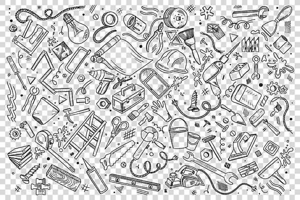 EPS 해외이미지 일러스트 전구 사다리 줄자 사람없음 목재 세트 설계도 공구 나사 스패너 못 수리 낙서 안전모 공구함 양동이 라인아트 페인트붓 손그림 톱 펜치 페인트롤러 수리도구 전동드릴 해외일러스트 나무 선 재료 건설업 자 도구 붓 헬멧 안전장비 드릴 파일형식 벡터 이미지허브