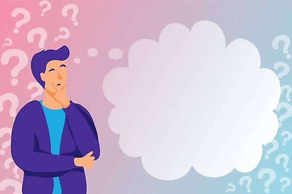 EPS 해외이미지 남자 분홍색 백그라운드 컨셉 말풍선 일러스트 상상 프레임 한명 서기 성인 파란색 턱괴기 물음표 문제 얼굴없음 카피스페이스 해외일러스트 1 기호 컬러 모션 사람 공백 파일형식 벡터 이미지허브