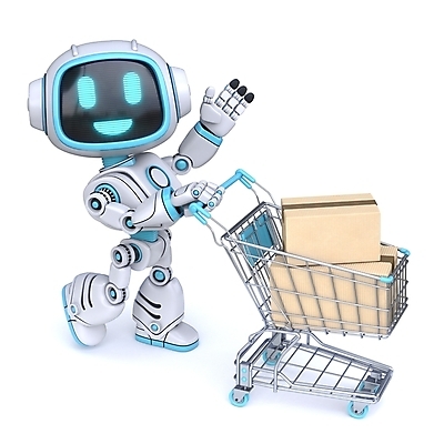 JPG 해외이미지 캐릭터 일러스트 사람없음 상자 3D 쇼핑카 밀기 로봇 손인사 AI_인공지능 해외일러스트 일러캐릭터 모션 쇼핑 카트 인사 디지털합성 파일형식 이미지허브