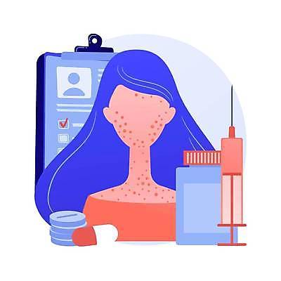 EPS 해외이미지 여자 일러스트 주사기 한명 상반신 성인 치료 알약 약병 알레르기 두드러기 피부질환 서류판 증상 치료제 얼굴없음 성인여자한명만 해외일러스트 1 의학 의료기기 사람 약 사무용품 질병 병_담는 여자한명만 성인여자만 파일형식 벡터 이미지허브