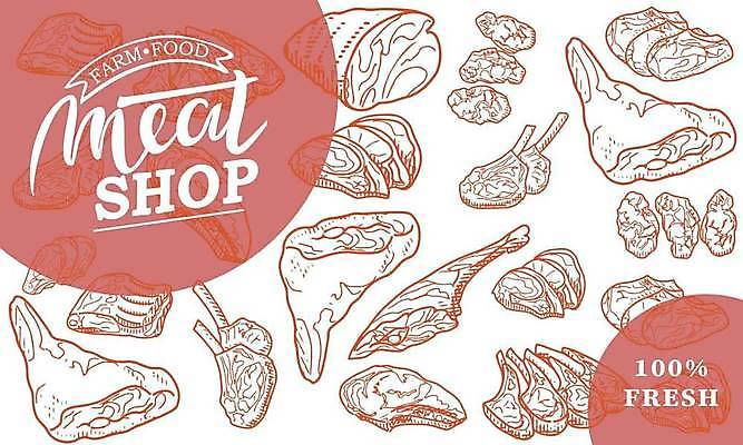 EPS 해외이미지 라인일러스트 일러스트 육류 돼지고기 스테이크 사람없음 햄 베이컨 양고기 등심 정육점 해외일러스트 식재료 서양음식 상점 파일형식 벡터 이미지허브