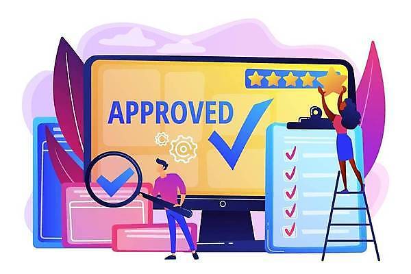 EPS 해외이미지 전신 여자 남자 별 일러스트 비즈니스 사다리 돋보기 들기 성인 두명 모니터 분석 체크표시 서류판 성인만 해외일러스트 자연요소 컨셉 모션 사람 컴퓨터 사무용품 도구 확인 파일형식 벡터 이미지허브