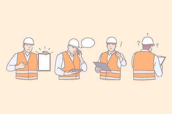 EPS 해외이미지 응시 남자 말풍선 일러스트 설계 노동자 들기 여러명 상반신 성인 물음표 가리킴 엔지니어 느낌표 감독 헬멧 건축가 통화 의문 건축업자 서류판 성인남자만 건설근로자 해외일러스트 직업 기호 시선 건축 다수 컨셉 모션 사람 손짓 사무용품 기술자 보호장비 남자만 성인만 파일형식 벡터 이미지허브
