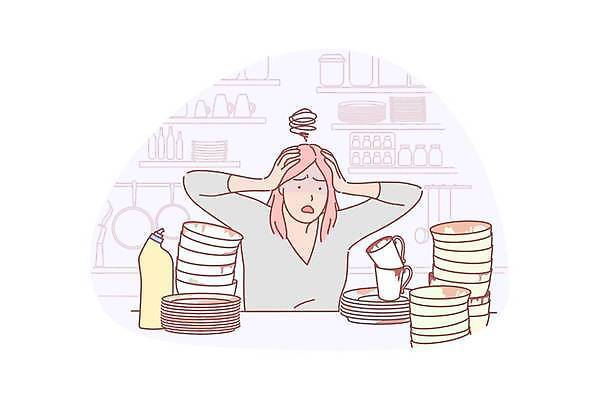 EPS 해외이미지 그릇 접시 여자 가사 일러스트 스트레스 한명 상반신 성인 컵 쌓기 주방 설거지 두통 손짚기 성인여자한명만 해외일러스트 1 식기 모션 사람 손짓 질병 여자한명만 성인여자만 파일형식 벡터 이미지허브