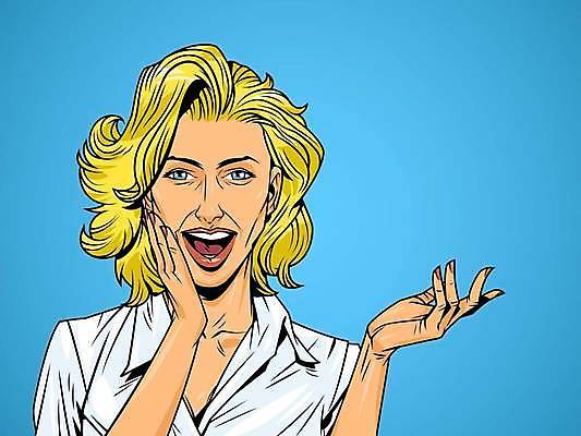 EPS 해외이미지 여자 일러스트 한명 성인 파란색 손들기 팝아트 코믹 카툰스타일 팝 스타일 성인여자한명만 해외일러스트 1 컬러 모션 사람 그림 여자한명만 성인여자만 파일형식 벡터 이미지허브