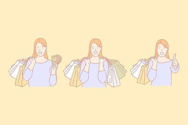 EPS 해외이미지 라이프스타일 여자 행복 지폐 돈 일러스트 들기 상반신 성인 세명 쇼핑 쇼핑백 최고 구매 고객 만족 성인여자만 많음 해외일러스트 감정 컨셉 가방 모션 사람 생활 재산 여자만 성인만 파일형식 벡터 이미지허브