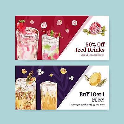 EPS 해외이미지 영어 음료 일러스트 타이포그라피 사람없음 빨간색 티켓 남색 레몬 상품권 산딸기 원플러스원 해외일러스트 문자 컬러 과일 이벤트 파일형식 벡터 이미지허브