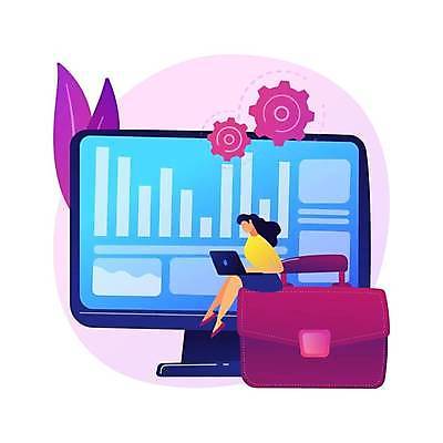 EPS 해외이미지 전신 여자 가방 일러스트 비즈니스 그래프 한명 앉기 성인 노트북 모니터 자료 톱니바퀴 성인여자한명만 해외일러스트 1 잡화 모션 사람 전자제품 컴퓨터 여자한명만 성인여자만 파일형식 벡터 이미지허브