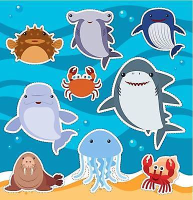 EPS 해외이미지 동물 바다 동물캐릭터 스티커 여러마리 일러스트 사람없음 세트 바닷속 게 복어 고래 상어 해파리 귀상어 바다코끼리 소라게 듀공 해외일러스트 일러캐릭터 캐릭터 다수 포유류 갑각류 어류 수중 바다동물 수중동물 자포동물 파일형식 벡터 이미지허브