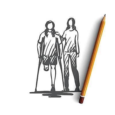 EPS 해외이미지 전신 여자 컨셉 일러스트 청소년 들기 성인 두명 장애인 스케치 손그림 목발 돌봄 얼굴없음 여자만 어깨에손 해외일러스트 의료기기 모션 미술 사람 장애 파일형식 벡터 이미지허브