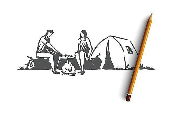 EPS 해외이미지 여자 남자 일러스트 휴가 텐트 앉기 성인 두명 캠핑 꼬치 모닥불 스케치 통나무 손그림 얼굴없음 성인만 해외일러스트 나무 모션 불 레저 캠핑도구 미술 사람 파일형식 벡터 이미지허브