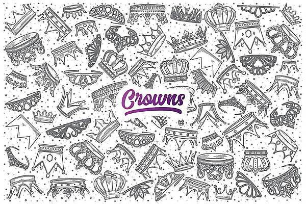 EPS 해외이미지 일러스트 왕관 종류 사람없음 세트 화려 낙서 라인아트 티아라 손그림 해외일러스트 선 컨셉 파일형식 벡터 이미지허브