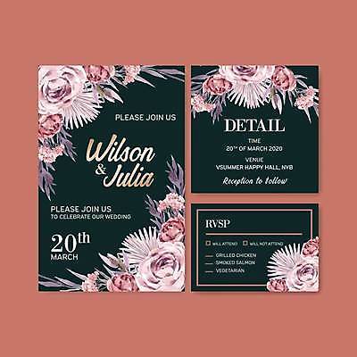 EPS 해외이미지 템플릿 꽃 분홍색 결혼 잎 일러스트 사람없음 장미 검은색 초대 감성 해외일러스트 식물 컬러 컨셉 이벤트 파일형식 벡터 이미지허브