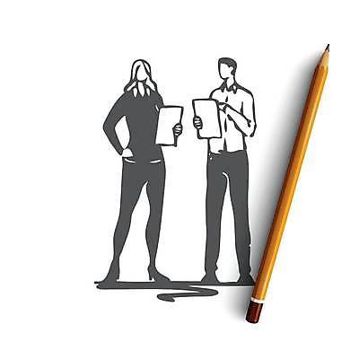 EPS 해외이미지 여자 남자 허리손 일러스트 회사 비즈니스 서기 들기 성인 두명 업무 비즈니스맨 비즈니스우먼 스케치 문서 손그림 얼굴없음 성인만 해외일러스트 포즈 모션 미술 사람 작업 직장인 파일형식 벡터 이미지허브