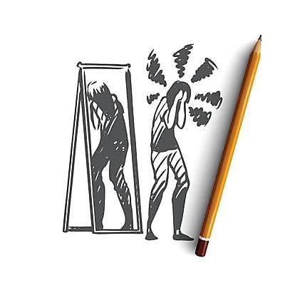 EPS 해외이미지 전신 여자 컨셉 일러스트 스트레스 서기 성인 반사 거울 분노 스케치 불안 손그림 문제 긴장 전신거울 얼굴가리기 부정적 우울증 성인여자한명만 해외일러스트 감정 모션 미술 사람 가림 질병 여자한명만 성인여자만 파일형식 벡터 이미지허브