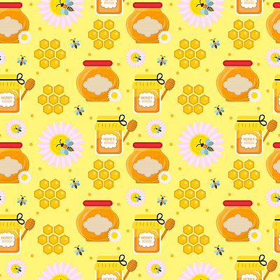 JPG 해외이미지 꽃 백그라운드 패턴 일러스트 사람없음 노란색 점 꿀벌 벌집 꿀단지 벌꿀 허니디퍼 해외일러스트 식물 컬러 무늬 도구 벌_곤충 꿀 파일형식 이미지허브