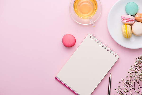 포토 JPG 해외이미지 접시 실내 사람없음 하이앵글 펜 찻잔 컵받침 스케치북 안개꽃 마카롱 플래너 카피스페이스 분홍색배경 해외포토 식기 꽃 뷰포인트 분홍색 백그라운드 학용품 디저트 잔 내부 필기구 공백 받침대 한해살이풀 파일형식 이미지허브