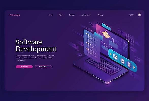 EPS 해외이미지 디자인 일러스트 사람없음 그래픽 노트북 홈페이지 디지털 보라색 아이소메트릭 소프트웨어 인터페이스 프로그래밍 해외일러스트 컬러 전자제품 작업 개발 파일형식 벡터 이미지허브