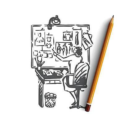 EPS 해외이미지 전신 여자 의자 일러스트 한명 앉기 성인 유행 가리킴 업무 작업 작업실 디자이너 스케치 패션디자이너 책상 손그림 얼굴없음 성인여자한명만 해외일러스트 직업 1 가구 모션 미술 사람 손짓 여자한명만 성인여자만 파일형식 벡터 이미지허브