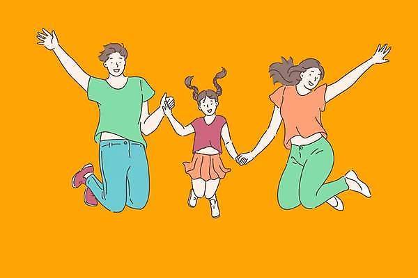 EPS 해외이미지 전신 여자 남자 딸 어린이 일러스트 가족 엄마 성인 세명 점프 주황색 아빠 손뻗기 해외일러스트 컬러 관계 모션 사람 파일형식 벡터 이미지허브