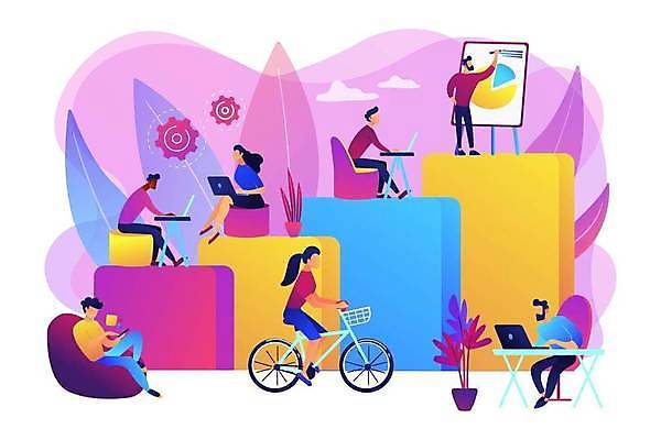 EPS 해외이미지 식물 여자 남자 화분 의자 일러스트 비즈니스 그래프 앉기 여러명 성인 노트북 사무실 자전거 자료 책상 성인만 해외일러스트 가구 다수 모션 사람 전자제품 바이크 파일형식 벡터 이미지허브