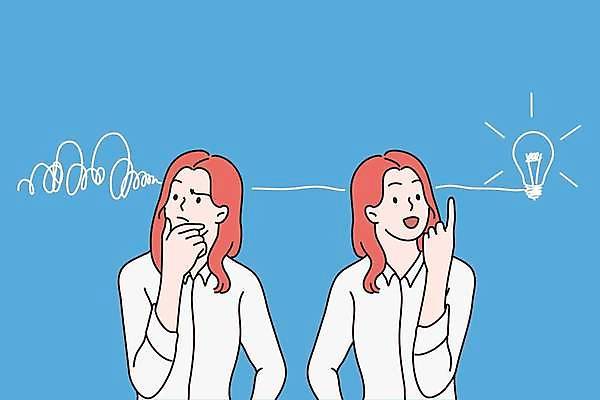 EPS 해외이미지 여자 감정 일러스트 전구 성인 두명 파란색 가리킴 고민 성인여자만 해외일러스트 컬러 사람 손짓 여자만 성인만 파일형식 벡터 이미지허브