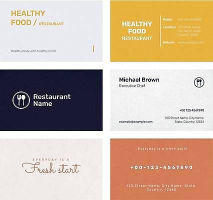 EPS 해외이미지 디자인 포크 일러스트 비즈니스 명함 명함템플릿 글자캘리그라피 사람없음 노란색 레스토랑 숟가락 남색 코랄 가로명함 해외일러스트 템플릿 식기 컬러 캘리그라피 수저 식당 파일형식 벡터 이미지허브