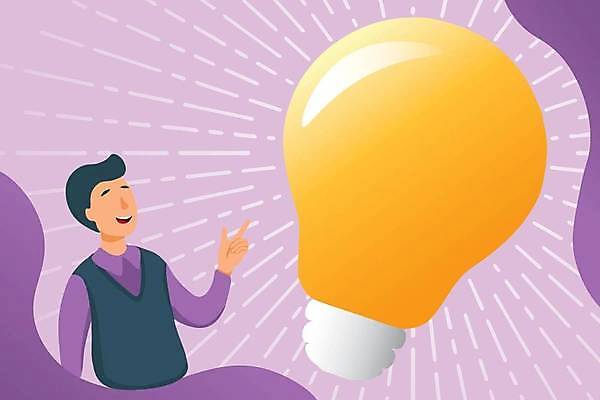 EPS 해외이미지 남자 백그라운드 컨셉 일러스트 비즈니스 전구 프레임 한명 성인 노란색 손들기 보라색 가리킴 비즈니스맨 해결 성인남자한명만 카피스페이스 브레인스토밍 해외일러스트 1 컬러 모션 사람 손짓 공백 직장인 남자한명만 성인남자만 파일형식 벡터 이미지허브