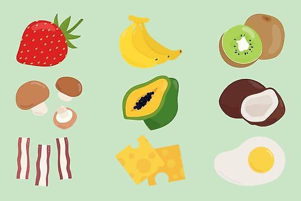 EPS 해외이미지 스티커 일러스트 딸기 치즈 바나나 키위 사람없음 세트 계란 버섯 베이컨 코코넛 파파야 해외일러스트 과일 유제품 돼지고기 알 열대과일 파일형식 벡터 이미지허브