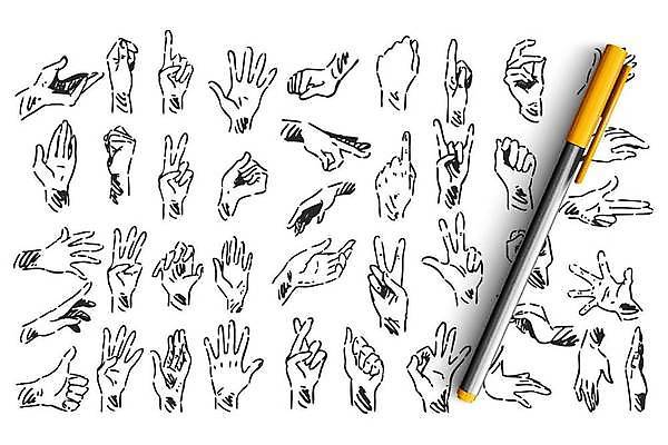 EPS 해외이미지 손 일러스트 손짓 신체부위 펜 다양 스케치 손그림 해외일러스트 다수 모션 미술 사람 필기구 파일형식 벡터 이미지허브