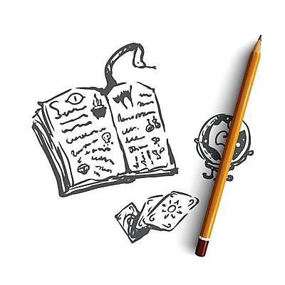 EPS 해외이미지 일러스트 사람없음 책 마법사 뱀 신비 스케치 오브젝트 손그림 마법 수정구슬 타로카드 해외일러스트 컨셉 파충류 미술 마술도구 타로 파일형식 벡터 이미지허브