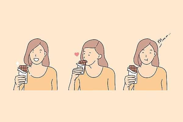 EPS 해외이미지 여자 행복 일러스트 디저트 들기 성인 세명 초콜릿 달콤 먹기 만족 성인여자만 맛있는 해외일러스트 감정 음식 모션 사람 맛 여자만 성인만 파일형식 벡터 이미지허브