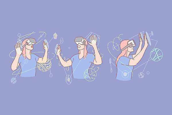 EPS 해외이미지 여자 일러스트 미래 성인 세명 손들기 디지털 가상현실 성인여자만 VR기기 해외일러스트 컨셉 모션 사람 기계 여자만 성인만 파일형식 벡터 이미지허브