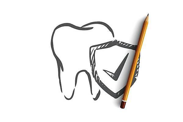 EPS 해외이미지 일러스트 사람없음 치아 보호 스케치 체크표시 손그림 방패 치아건강 해외일러스트 컨셉 건강 미술 소화기관 확인 파일형식 벡터 이미지허브