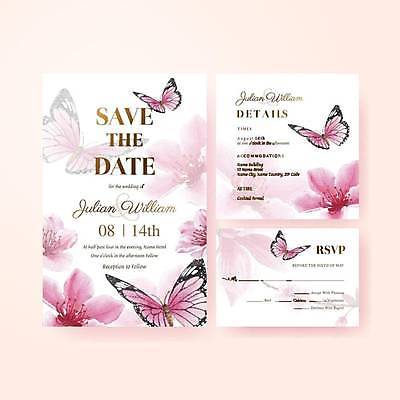 EPS 해외이미지 템플릿 분홍색 나비 결혼 여러마리 일러스트 사람없음 벚꽃 흰색 청첩장 초대 해외일러스트 꽃 컬러 다수 곤충 카드_감사 이벤트 파일형식 벡터 이미지허브