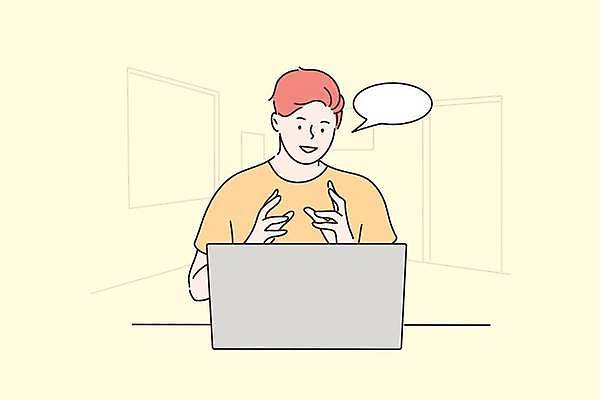 EPS 해외이미지 남자 말풍선 일러스트 비즈니스 말하기 한명 상반신 성인 노란색 비즈니스맨 재택근무 화상통화 성인남자한명만 해외일러스트 1 컬러 모션 사람 직장인 통화 남자한명만 성인남자만 파일형식 벡터 이미지허브