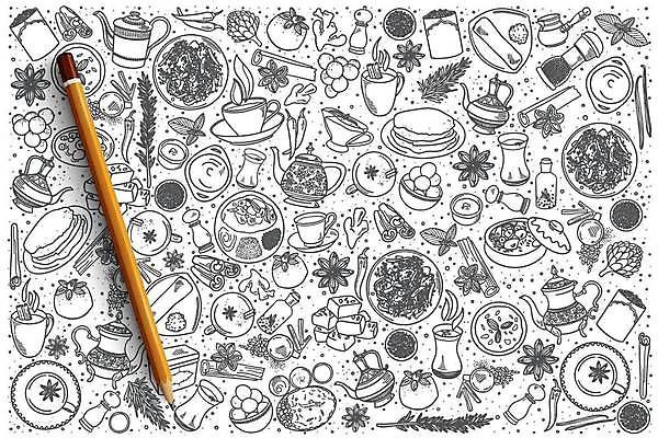 EPS 해외이미지 접시 일러스트 세트 찻잔 찻주전자 스케치 향신료 손그림 인도음식 카레 해외일러스트 식기 음식 주전자 잔 미술 동양음식 향미료 파일형식 벡터 이미지허브