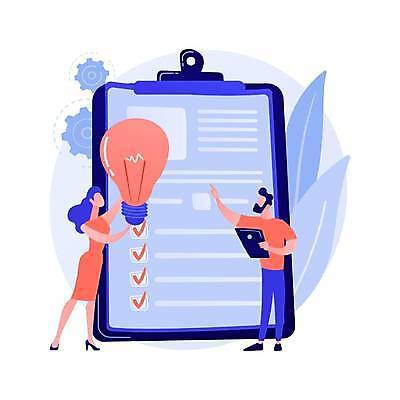 EPS 해외이미지 전신 여자 남자 일러스트 비즈니스 전구 들기 성인 두명 태블릿 가리킴 체크표시 계약서 서류판 성인만 해외일러스트 모션 사람 손짓 전자제품 스마트기기 사무용품 확인 파일형식 벡터 이미지허브