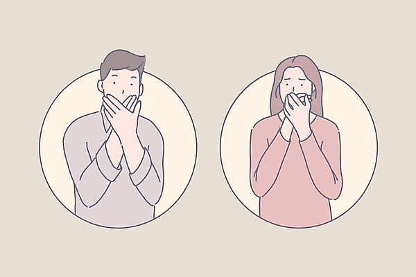 EPS 해외이미지 여자 남자 일러스트 상반신 성인 두명 손들기 침묵 표현 찡그림 무서움 입가림 성인만 해외일러스트 감정 모션 표정 사람 소리 가림 파일형식 벡터 이미지허브