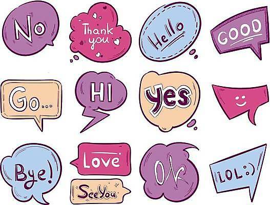 EPS 해외이미지 말풍선 일러스트 사랑 웃음 사람없음 세트 라벨 OK 거절 감사 BYE HELLO hi 작별인사 해외일러스트 감정 컨셉 프레임 표정 손짓 인사 파일형식 벡터 이미지허브