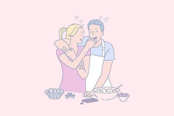 EPS 해외이미지 커플 여자 남자 행복 일러스트 디저트 함께함 사랑 요리 들기 상반신 성인 두명 주방 초콜릿 앞치마 먹기 성인만 해외일러스트 감정 음식 컨셉 관계 모션 사람 파일형식 벡터 이미지허브