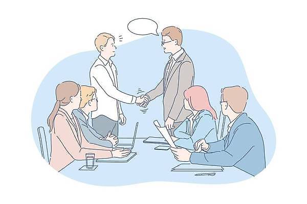 EPS 해외이미지 여자 남자 종이 하늘색 말풍선 일러스트 비즈니스 회의 악수 들기 정장 여러명 상반신 성인 노트북 비즈니스맨 비즈니스우먼 성인만 해외일러스트 옷 다수 모션 사람 손짓 파란색 전자제품 직장인 파일형식 벡터 이미지허브