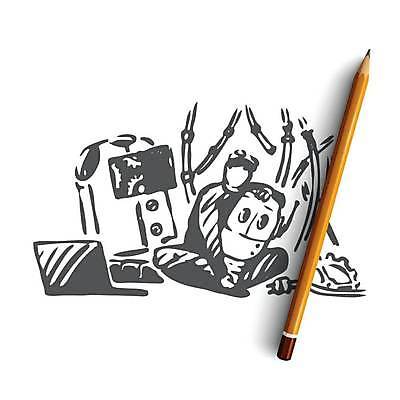 EPS 해외이미지 전신 남자 어린이 컨셉 일러스트 안기 한명 앉기 소년 노트북 기계 수리 스케치 로봇 톱니바퀴 손그림 얼굴없음 소년한명만 해외일러스트 1 모션 미술 사람 전자제품 남자한명만 소년만 파일형식 벡터 이미지허브