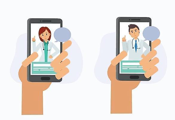 EPS 해외이미지 손 여자 남자 허리손 말풍선 일러스트 들기 손짓 상반신 성인 두명 신체부위 스마트폰 손들기 의료진 의사 원격의료 성인만 해외일러스트 직업 포즈 의학 모션 사람 핸드폰 스마트기기 진료 원격 파일형식 벡터 이미지허브