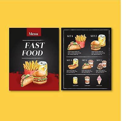 EPS 해외이미지 커피 일러스트 패스트푸드 사람없음 검은색 감자튀김 햄버거 도넛 메뉴 메뉴판 핫도그 콘아이스크림 타코 캔음료 테이크아웃컵 패스트푸드점 해외일러스트 음료 음식 컬러 아이스크림 디저트 감자 컵 상점 튀김 인스턴트 파일형식 벡터 이미지허브