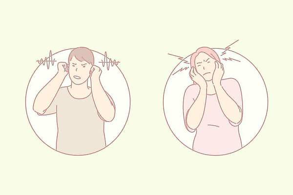 EPS 해외이미지 여자 남자 일러스트 상반신 성인 두명 노란색 원형 찡그림 귀막기 귀 시끄러움 성인만 해외일러스트 도형 컬러 표정 사람 손짓 신체부위 파일형식 벡터 이미지허브