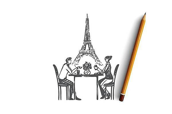 EPS 해외이미지 전신 커플 여자 남자 의자 데이트 일러스트 탁자 사랑 성인 두명 에펠탑 스케치 손그림 마주앉기 얼굴없음 성인만 파리(프랑스) 해외일러스트 감정 가구 관계 미술 사람 앉기 파리 랜드마크 파일형식 벡터 이미지허브